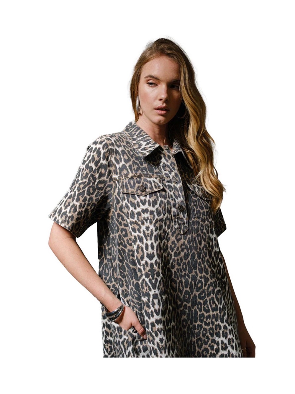 Leopard Print Polo Swing Dress with pockets - Taupe & Black size large - Picture 3 of 7